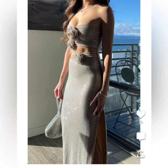 Meshki-  Stassie embellished Nude Strapless Flower Rose Diamante Maxi Dress - Picture 10 of 17